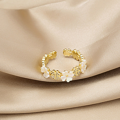 Flower Brass Micro Pave Clear Cubic Zirconia Cuff Rings for Women FS-WG9A424-01-1