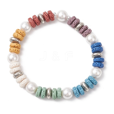 Natural Lava Rock & Shell Pearl Beaded Stretch Bracelets for Women BJEW-JB12139-1
