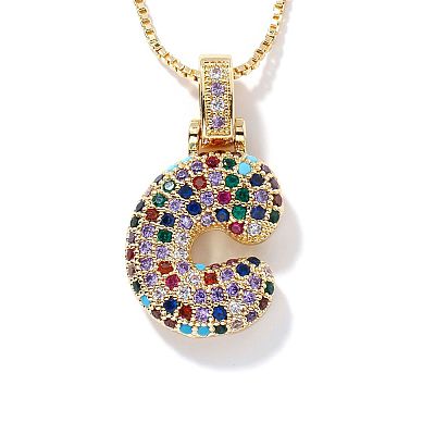 Brass Pave Colorful Cubic Zirconia Letter Pendant Box Chain Necklaces NU0575-3-1