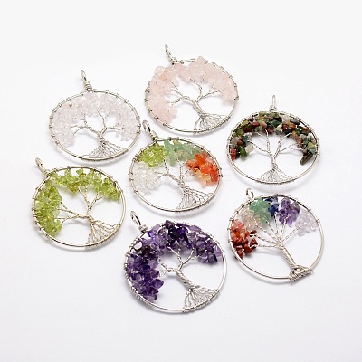 Tree of Life Natural & Synthetic Mixed Stone Bead Brass Wire Wrapped Big Pendants KK-L136-01-NR-1
