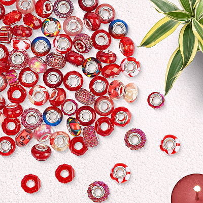 90Pcs 15 Styles Red Series Transparent Resin European Beads RPDL-SP0001-06-1