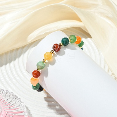 8MM Faceted Round Natural Agate(Dyed & Heated) and Brass Beaded Stretch Bracelets for Women BJEW-JB14031-1