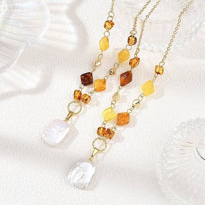 Rectangle Natural Baroque Keshi Pearl Pendant 304 Stainless Steel Natural Amber Rhombus Beaded Chain Necklaces NJEW-JN06664-1