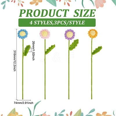 12Pcs 4 Colors Crochet Cotton Flower Ornaments with Iron Wire AJEW-FG0002-93-1