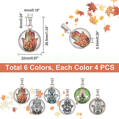 24Pcs 6 Color Hamsa Hand Pattern Glass Pendants GLAA-DC0001-01-1