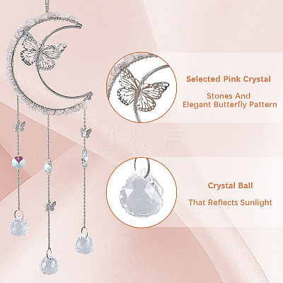 Natural Rose Quartz Chips & Metal Moon Butterfly Hanging Ornaments AJEW-WH20080-03A-1
