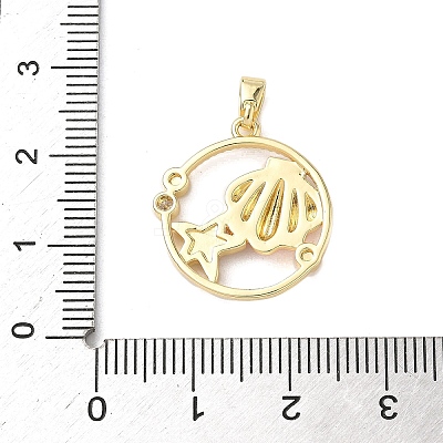Flat Round with Shell Shape Brass Micro Pave Clear Cubic Zirconia Pendant Cabochon Settings KK-P334-17G-02-1