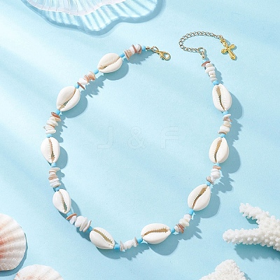 Ocean Natural Cowrie Shell & Chip & Glass Seed Beaded Necklaces NJEW-JN05848-1