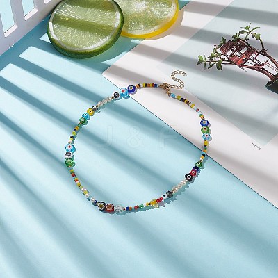 Natural Pearl & Millefiori & Seed Glass Beaded Necklace for Women NJEW-JN04160-1