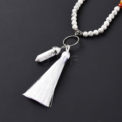 Natural Howlite Bullet & Tassel Pendant Necklace with Mixed Gemstone Beaded Chains NJEW-E585-02H-1