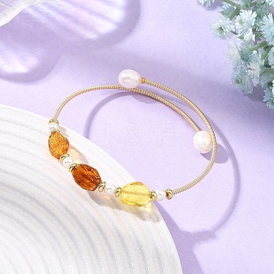 Oval Natural Amber and Pearl Cuff Bangles BJEW-JB14490-1