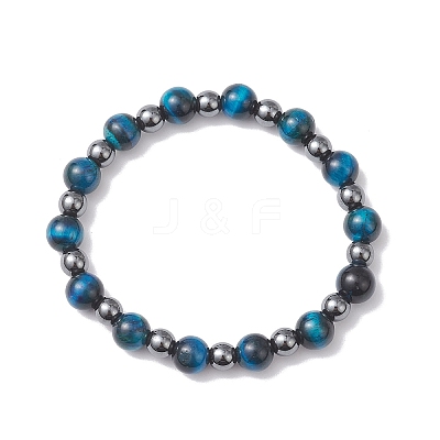 Round Natural Tiger Eye & Non-Magnetic Synthetic Hematite Beads Stretch Bracelets for Women BJEW-JB12764-1