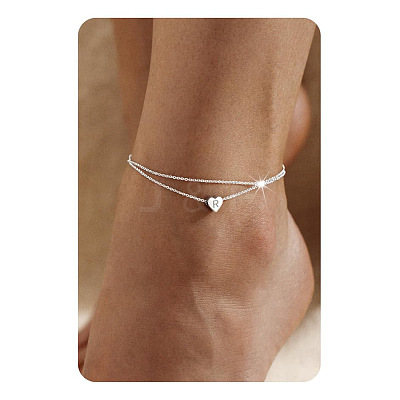 201 Stainless Steel Heart with Initial Charm Double Layer Anklets for Women FS-WG0EC0A-14-1
