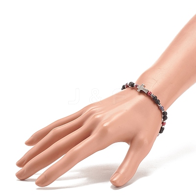 Natural & Synthetic Mixed Gemstone Beaded Stretch Bracelet with Clear Cubic Zirconia Cross for Women BJEW-JB08247-1