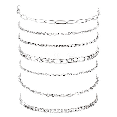 7Pcs 304 Stainless Steel Figaro Chains & Venetian Chains & Water Wave Chains & Cable Chains & Rolo Chains & Curb Chain Bracelets Set for Women BJEW-TADJ00001-1