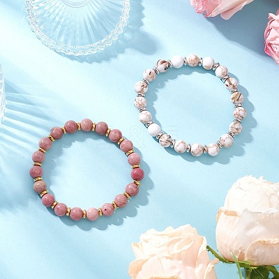 2Pcs Sea Shell & Synthetic Turquoise Assembled & Natural Rhodochrosite Beads Stretch Bracelet Set for Men Women BJEW-JB12125-1