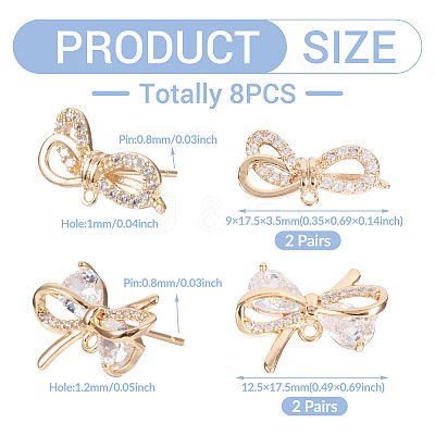 4 Pairs 2 Styles Brass Micro Pave Clear Cubic Zirconia Stud Earring Findings KK-TA0002-63-1
