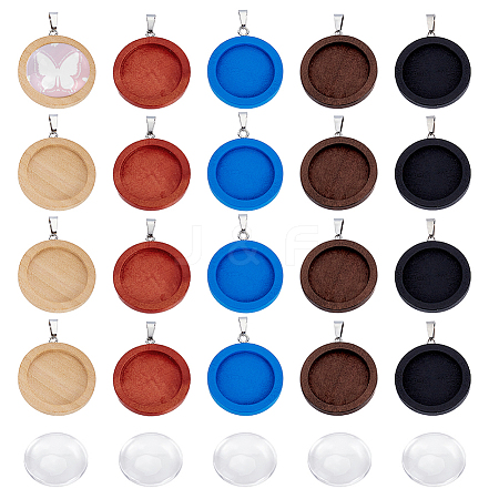 25Pcs 5 Colors Wooden Pendant Cabochon Settings WOOD-GA0001-92-1