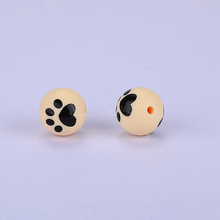 Printed Round with Paw Print Pattern Silicone Focal Beads SI-JX0056A-132-1