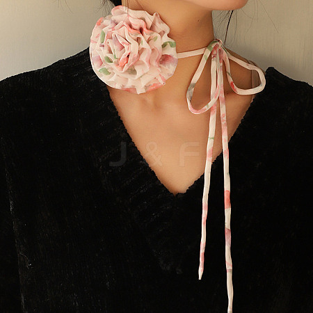 Flower Pattern Fabric Rose Tie Choker Necklaces for Women NJEW-Z022-01F-1