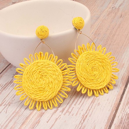 Flower Alloy & Raffia Dangle Stud Earrings FS-WGE45CE-04-1