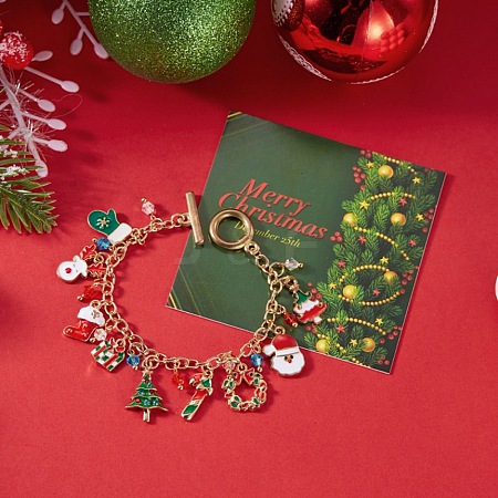 Christmas Alloy Enamel Charm Bracelets BJEW-H634-01B-KCG-1