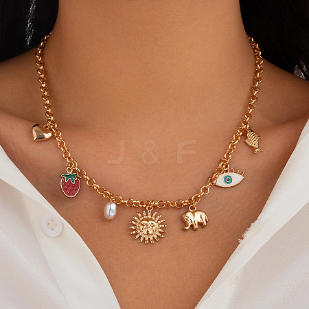 Summer Beach Iron & Alloy Enamel & Imitation Pearl Elephant Sun Strawberry Bib Necklaces FS-WG54A68-05-1