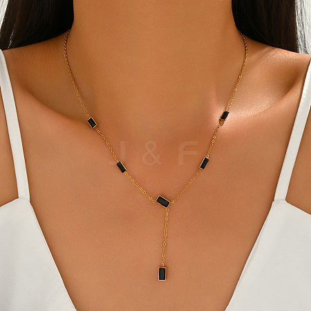 Stainless Steel & Black Rectangle Block Y-shaped Tassel Necklaces for Daily and Formal Wear LS-UV0910-1