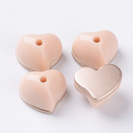  Jewelry Beads Findings Opaque Acrylic Beads, Two Tone, with Rose Gold Plated Flat Plate, Half Drilled, Heart, PapayaWhip, 15x18x13.5mm, Half Hole: 2.5mm
