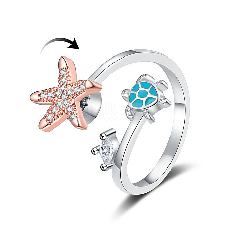 Turtle & Starfish Enamel Rotatable Cuff Rings for Women RJEW-M016-08P-1