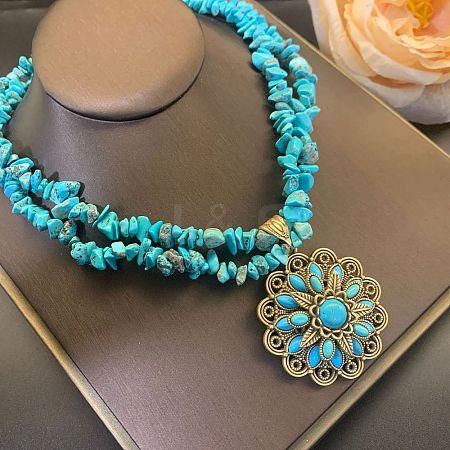 Bohemian Style Alloy Pave Synthetic Turquoise Flower Pendant Double Layer Necklaces for Women WGE25EB-01-1