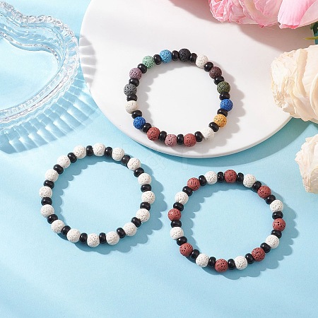 3Pcs Natural Lava Rock & Coconut Shell Beaded Stretch Bracelets for Women Men BJEW-JB12470-1