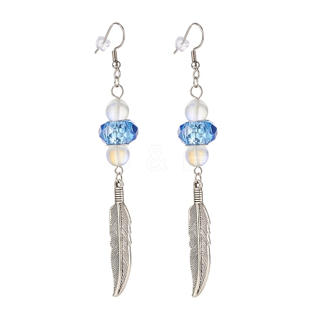 Feather with Round Beads Long Dangle Earrings for Girl Women EJEW-JE04681-01-1