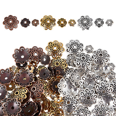 GOMAKERER 450Pcs 9 Styles  Tibetan Style Alloy Flower Bead Caps TIBE-GO0001-01-1