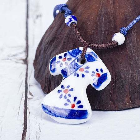 Retro Ethnic Porcelain Pendant Adjustable Polyester Cord Necklaces for Women FS-WGD020A-01-1