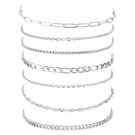 7Pcs 304 Stainless Steel Figaro Chains & Venetian Chains & Water Wave Chains & Cable Chains & Rolo Chains & Curb Chain Bracelets Set for Women BJEW-TADJ00001-1