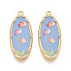 Printed Style 304 Stainless Steel Oval with Flower Pattern Pendants STAS-T071-27C-G-1