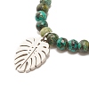 Natural Australian Turquoise(Jasper) Round Beaded Stretch Bracelet with Leaf Charm BJEW-JB07587-02-4
