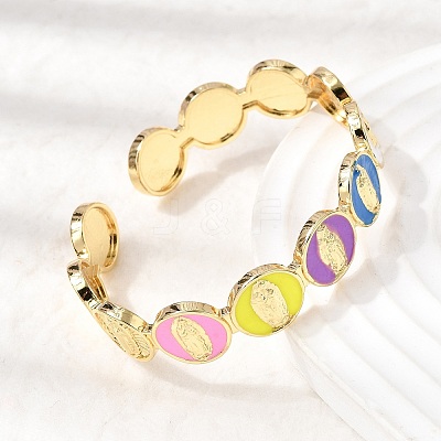 Brass Enamel Colorful Oval with Virgin Mary Open Cuff Bangles BJEW-K296-01G-1