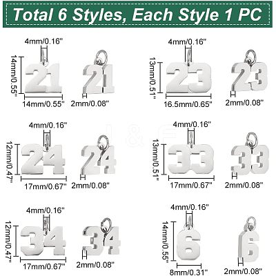 6Pcs 6 Style 316 Surgical Stainless Steel Charms STAS-UN0040-38P-1