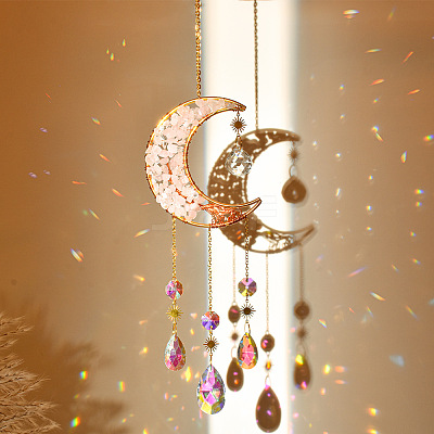 Natural Quartz Crystal Chip & Brass Moon Hanging Suncatcher Pendant Decoration PW23041124042-1