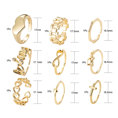 9Pcs 9 Style Brass Cuff Rings RJEW-LS0001-11G-1