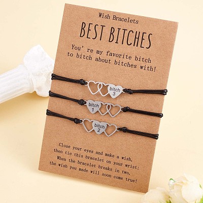 3Pcs 3 Style 430 Stainless Steel Heart with Word Bitch Link Bracelets Set JB717A-1