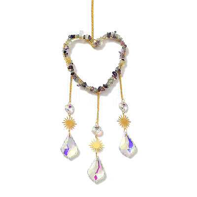 Heart Natural Fluorite Chips Hanging Ornaments HJEW-G024-01G-1
