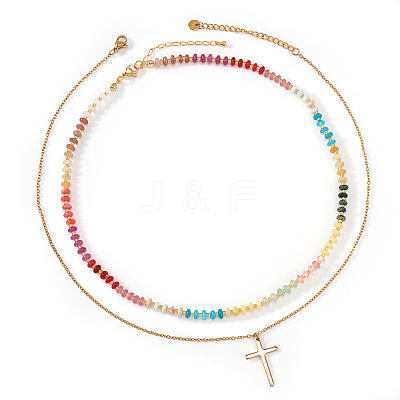 Stainless Steel Religion Cross Pendant Colorful Natural Gemstone Rondelle Beaded Double Layer Necklaces for Women CO5137-1