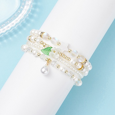 4Pcs 4 Styles Shell Pearl Round Beads Stretch Bracelets BJEW-JB12098-1