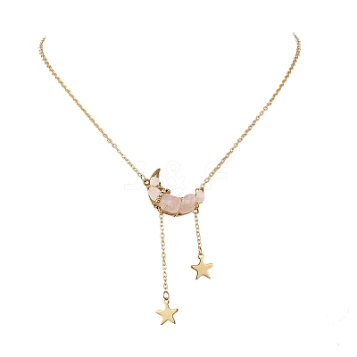 Natural Rose Quartz Chip Beads Moon Pendant Brass Cable Chain Necklaces for Women NJEW-TA00257-03-1