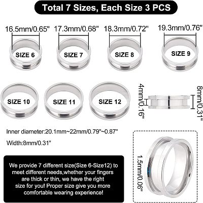 21Pcs 7 Size 201 Stainless Steel Grooved Finger Ring for Women RJEW-DC0001-08-1