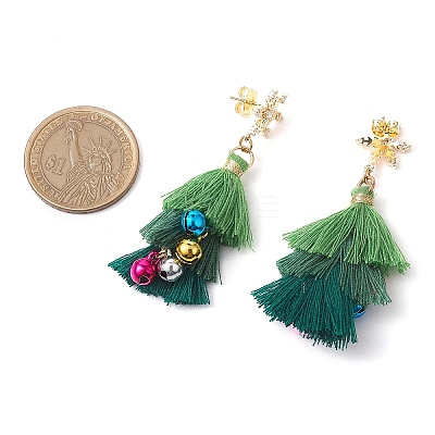 Polycotton Tassels Christmas Tree & Bell Stud Dangle Earring EJEW-JE06076-1