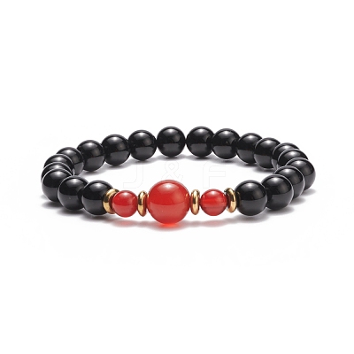 Natural Red Agate Carnelian(Dyed & Heated) & Black Onyx Round Beaded Stretch Bracelet BJEW-JB08642-1